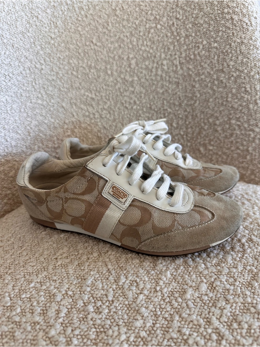 Coach Signature Canvas and Suede Lace-Up Sneakers in Neutral Tan and White